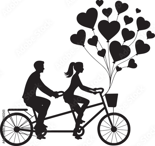 Couple Tandem Bicycle Hearts Balloons Silhouette Black White Romance