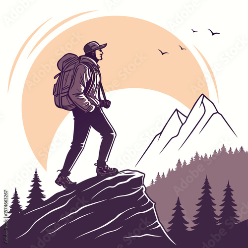 Male backpacker explores mountain scenery, gazing afar while standing on rocks with distant birds flying