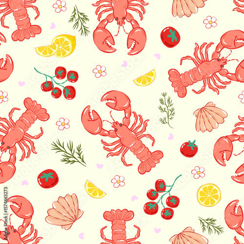 La Dolce Vita Seamless Pattern, Summer Sardines Picnic Lobster Food Wrap, Italian Kitchen Gingham Design, Cute Mediterranean Style