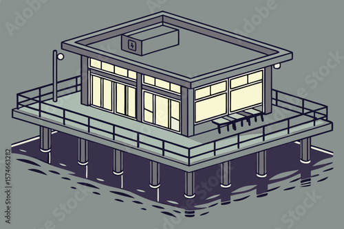 Isometric view of a building on stilts with a flat roof and windows overlooking the water scene here