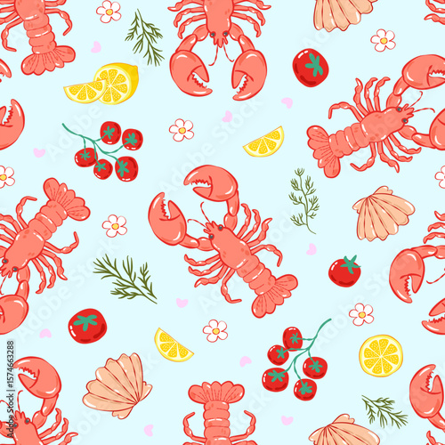 La Dolce Vita Seamless Pattern, Summer Sardines Picnic Lobster Food Wrap, Italian Kitchen Gingham Design, Cute Mediterranean Style