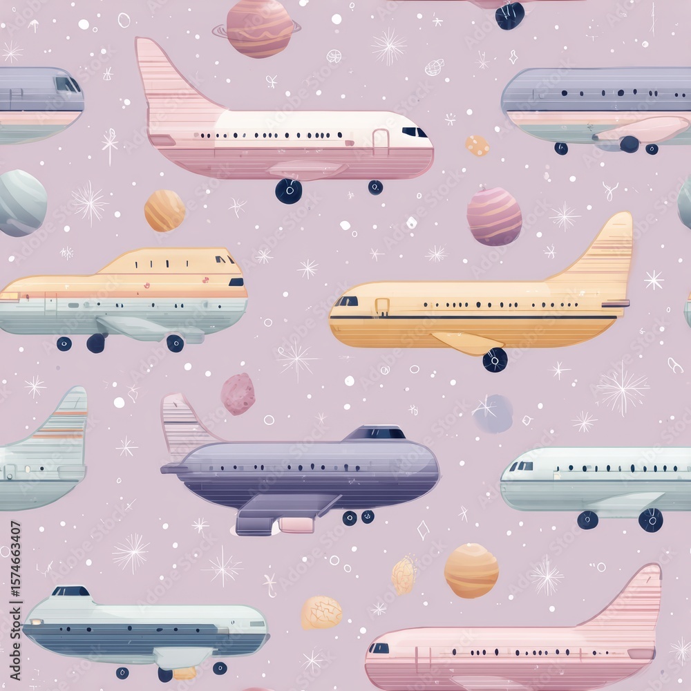 Fototapeta premium Colorful Airplane Pattern with Planets and Stars on Purple Background