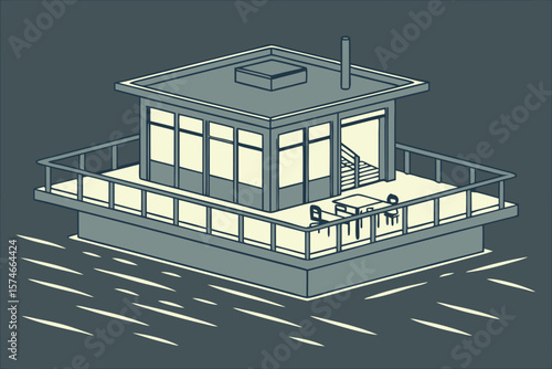 Illustration of a modern house with a rooftop terrace and outdoor furniture in a minimalist style