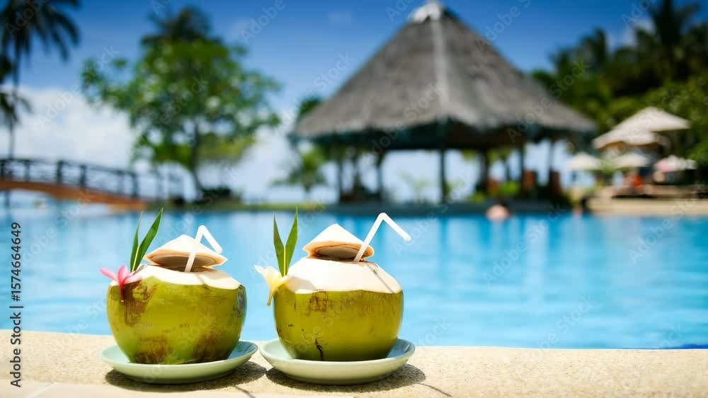 Pina colada drink in front of pool 