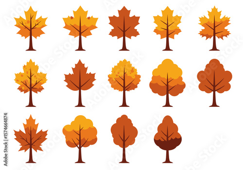 Collection of stylized autumn trees with vibrant orange and yellow foliage.