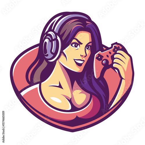 Female gamer in headphones holding a controller