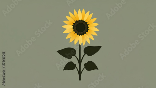 Stylized Sunflower with Leaves on Grey Background