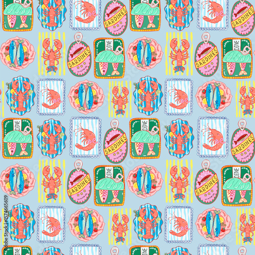 La Dolce Vita Seamless Pattern, Summer Sardines Picnic Lobster Food Wrap, Italian Kitchen Gingham Design, Cute Mediterranean Style