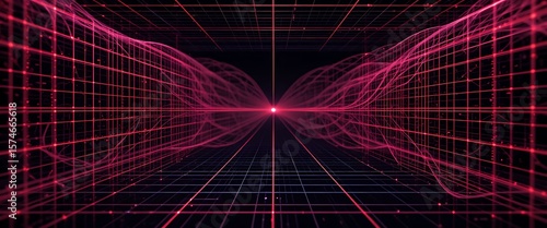 Abstract red leak overlay effect with glowing lines and grid pattern in a dark background.