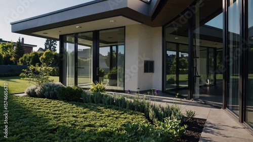 Wallpaper Mural Modern house exterior with sleek lines and large windows, captured from a low-angle, showcasing the lush garden. Ideal for an architectural video. Torontodigital.ca