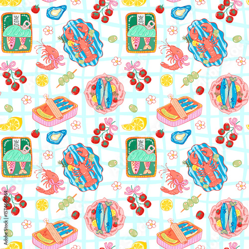 La Dolce Vita Seamless Pattern, Summer Sardines Picnic Lobster Food Wrap, Italian Kitchen Gingham Design, Cute Mediterranean Style