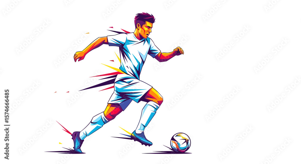 Naklejka premium Dynamic Soccer Player Kicking Ball in Action, Urban Sports Scene, Vibrant Illustration, Energetic Environment, Side View, Athletic Concept