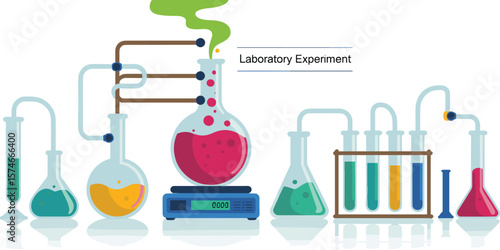 Colorful chemistry lab experiment illustration, scientific glassware set, test tubes and flasks, flat design science background, research laboratory concept