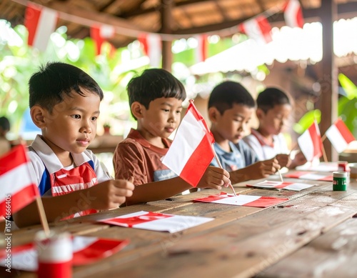 Indonesia Children Coloring Red and White Flag Together