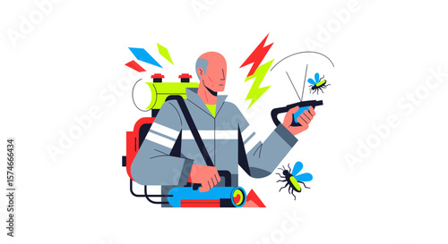 Exterminator Using Sprayer to Manage Insects in Urban Environment, Illustrated Graphic, Bright Colors
