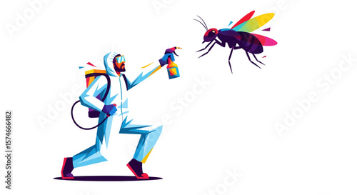 Insecticide Application, Pest Control Technician, Urban Environment, Digital Illustration, Action Scene, Vibrant Colors, Mosquito Extermination