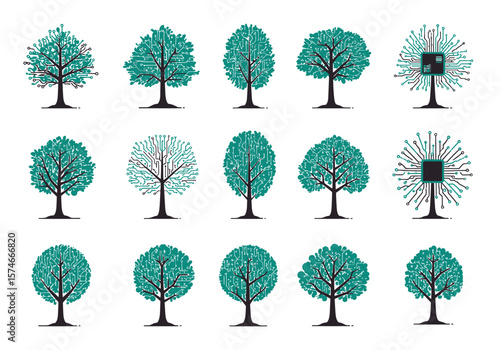 Fifteen stylized trees with circuit board patterns and chipshaped crowns black trunks and teal foliage.