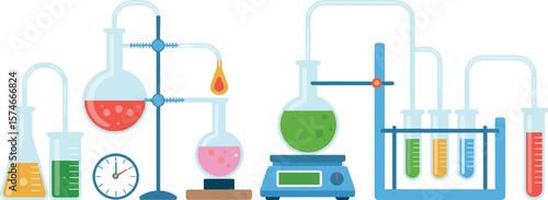Colorful chemistry lab experiment illustration, scientific glassware set, test tubes and flasks, flat design science background, research laboratory concept