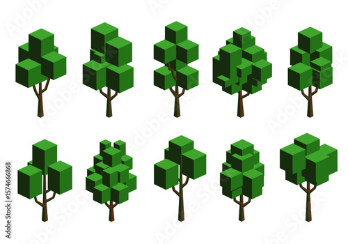 Isometric Trees Collection LowPoly Green Foliage and Brown Trunks.