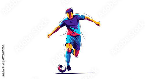 Exciting Soccer Action, Player Kicking Ball, Stadium, Illustration, Vibrant Atmosphere, Dynamic Perspective, Sports Excellence