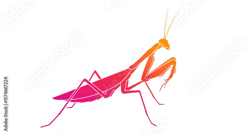 Illustration of a Vibrant Praying Mantis in a Minimalist Style, Nature, Digital Art, Colorful Environment, Unique Perspective