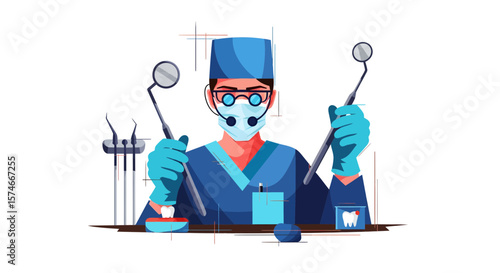 Dentist in Scrubs with Tools, Clinical Setting, Digital Illustration, Healthcare Concept