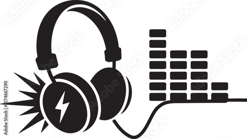 Headphone with Sound Wave and Lightning Symbol Audio Music Design Black Silhouette Vector Art