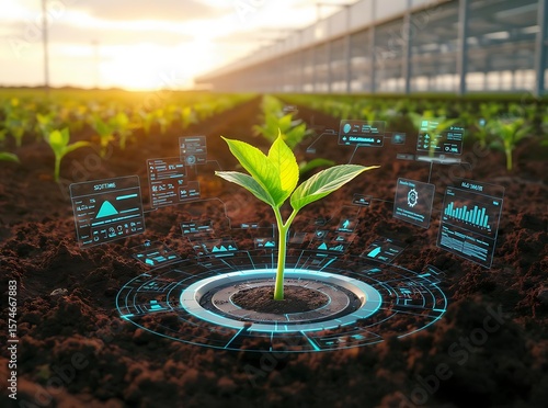 Green plant sprouting from soil with real-time holographic growth monitoring interface, high tech farming. Advanced agriculture tech for environmental protection. Modern digital farming, sustainable