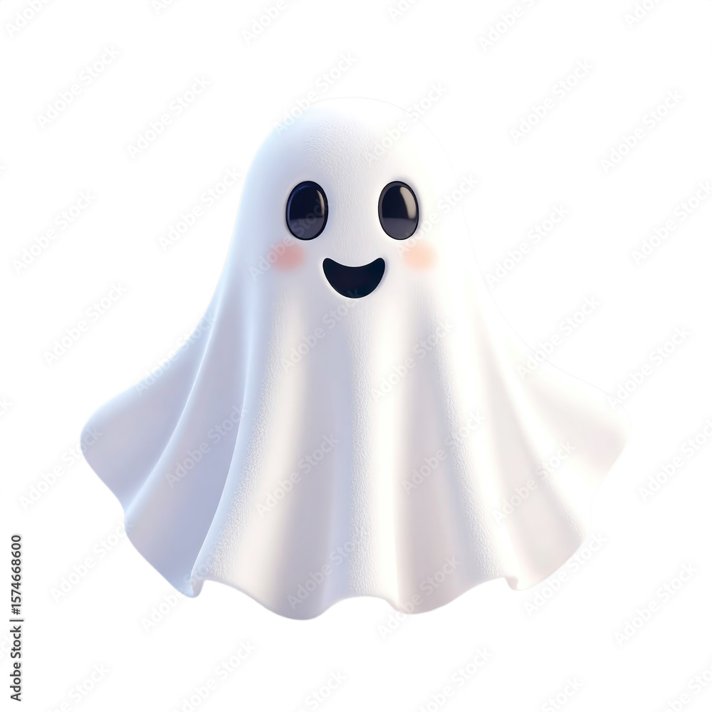 Fototapeta premium Adorable cartoon ghost with blushing cheeks and a wide smile isolated on transparent background