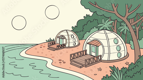 Two geodesic dome structures on a beach with a forest and two circular shapes in the sky scene is set