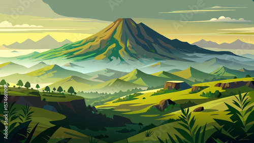 Mount Elgon, Uganda – Ancient volcanic caldera rim shadows mirror green valleys below. Mist drapes volcanic planes in soft dawn light.