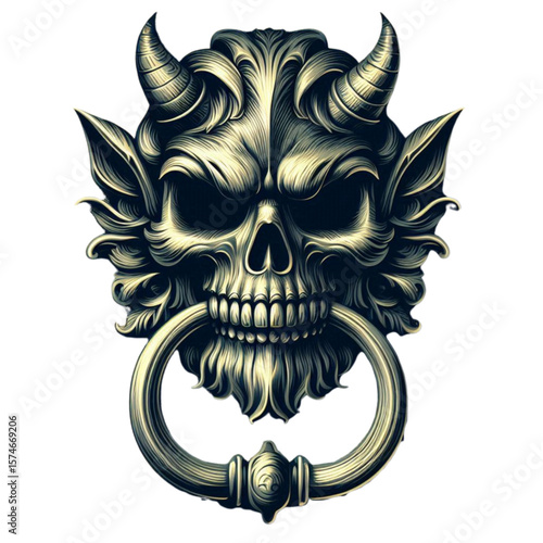 Horned Demon Skull Door Knocker - Detailed Gothic Illustration
