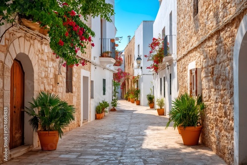 Picturesque narrow street with whitewashed houses and vibrant flowers in binibeca vell, menorca