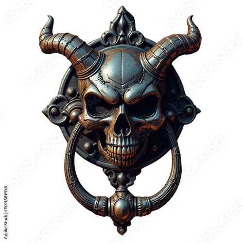 Ornate Horned Demon Skull Door Knocker - Gothic Vector Icon