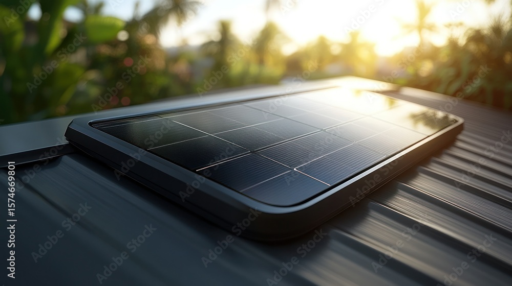 Solar panel on a metal roof, sunny day Solar panel on a metal roof, sunny day