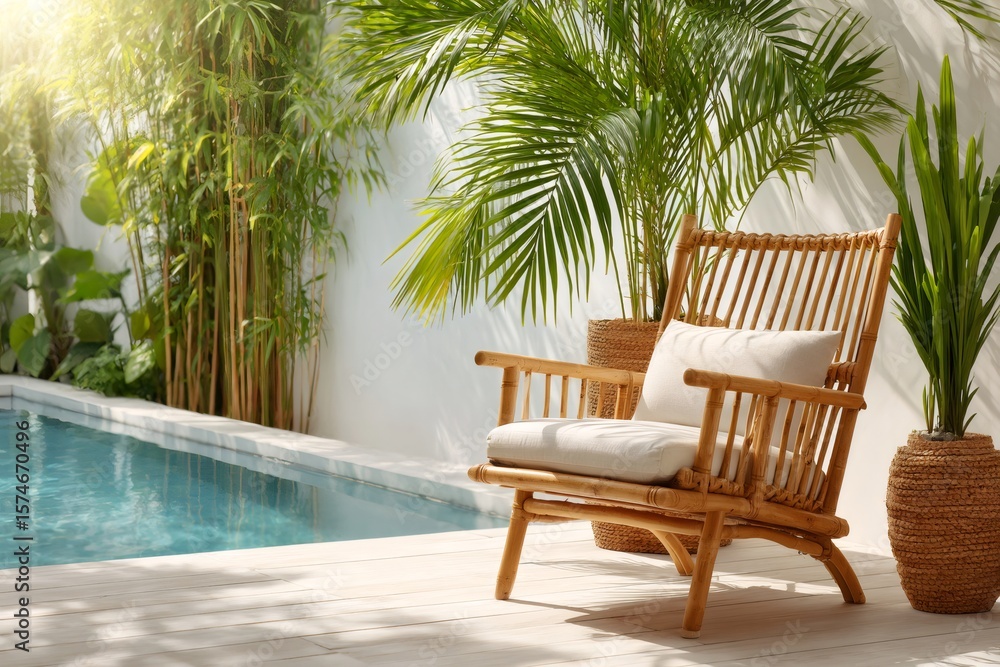 Relaxing rattan armchair by the pool in a tropical garden Relaxing rattan armchair by the pool in a tropical garden