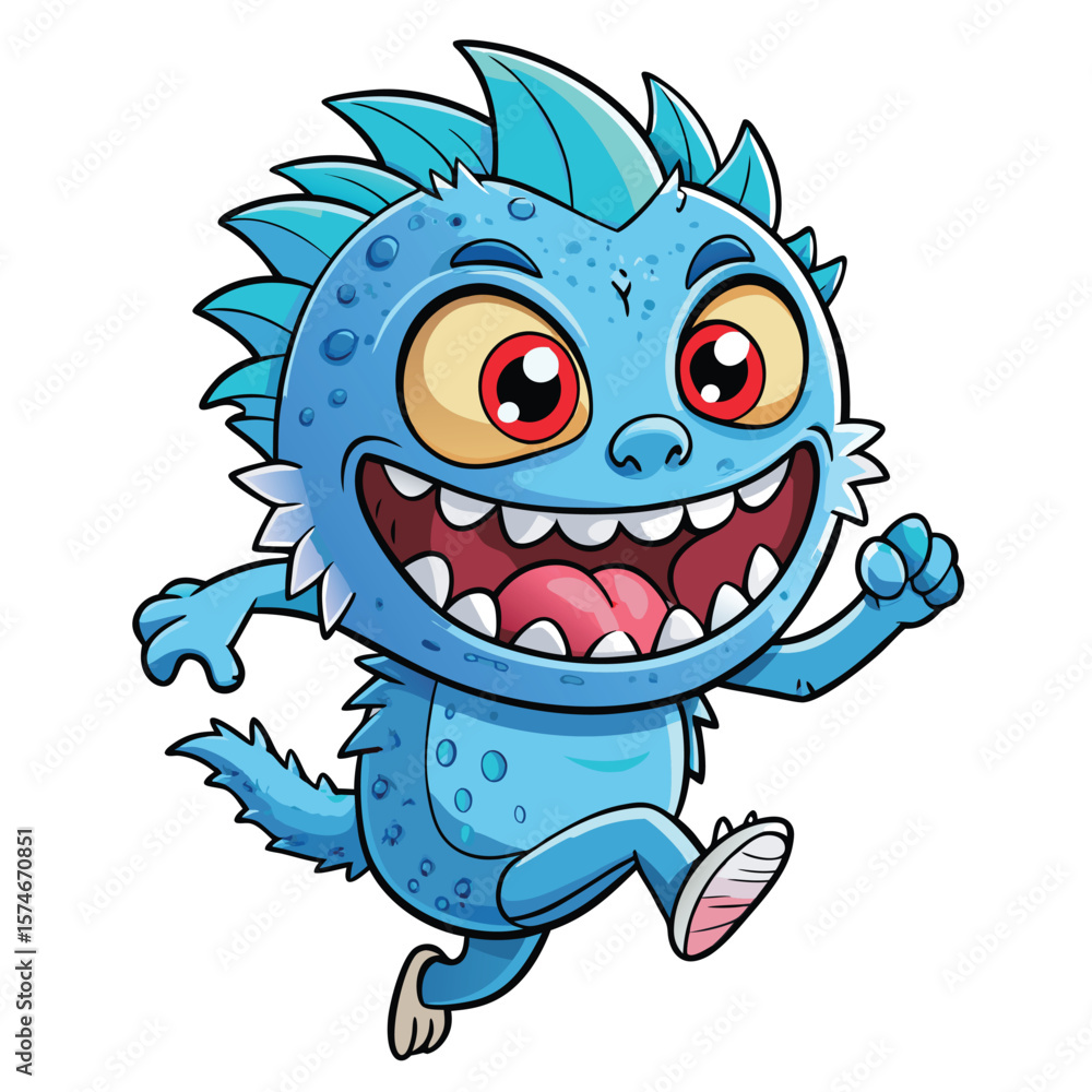 Obraz premium Cartoon blue monster running with wide open mouth