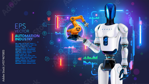 AI management work robots on factory. Humanoid robot with artificial intelligence or AI controls robotics arms on factory or manufacture. Industry 4.0. AI technology in industrial revolution. Concept