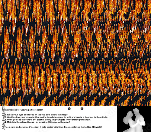3D stereogram image with a hidden volumetric silhouette of a dancing couple. When viewed correctly, a romantic scene appears in stereoscopic depth with instruction.