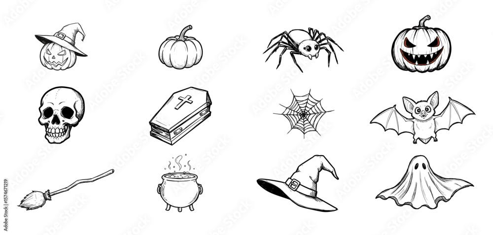 Fototapeta premium Halloween-themed illustrations of Halloween spooky objects and symbols 
