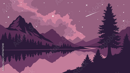 Silhouette of velvet mountain hills under galactic nebula, stars reflecting in mirror lake, cosmic dust in pink and purple hues, astronomy photography