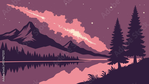 Silhouette of velvet mountain hills under galactic nebula, stars reflecting in mirror lake, cosmic dust in pink and purple hues, astronomy photography