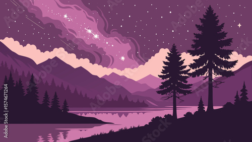 Silhouette of velvet mountain hills under galactic nebula, stars reflecting in mirror lake, cosmic dust in pink and purple hues, astronomy photography