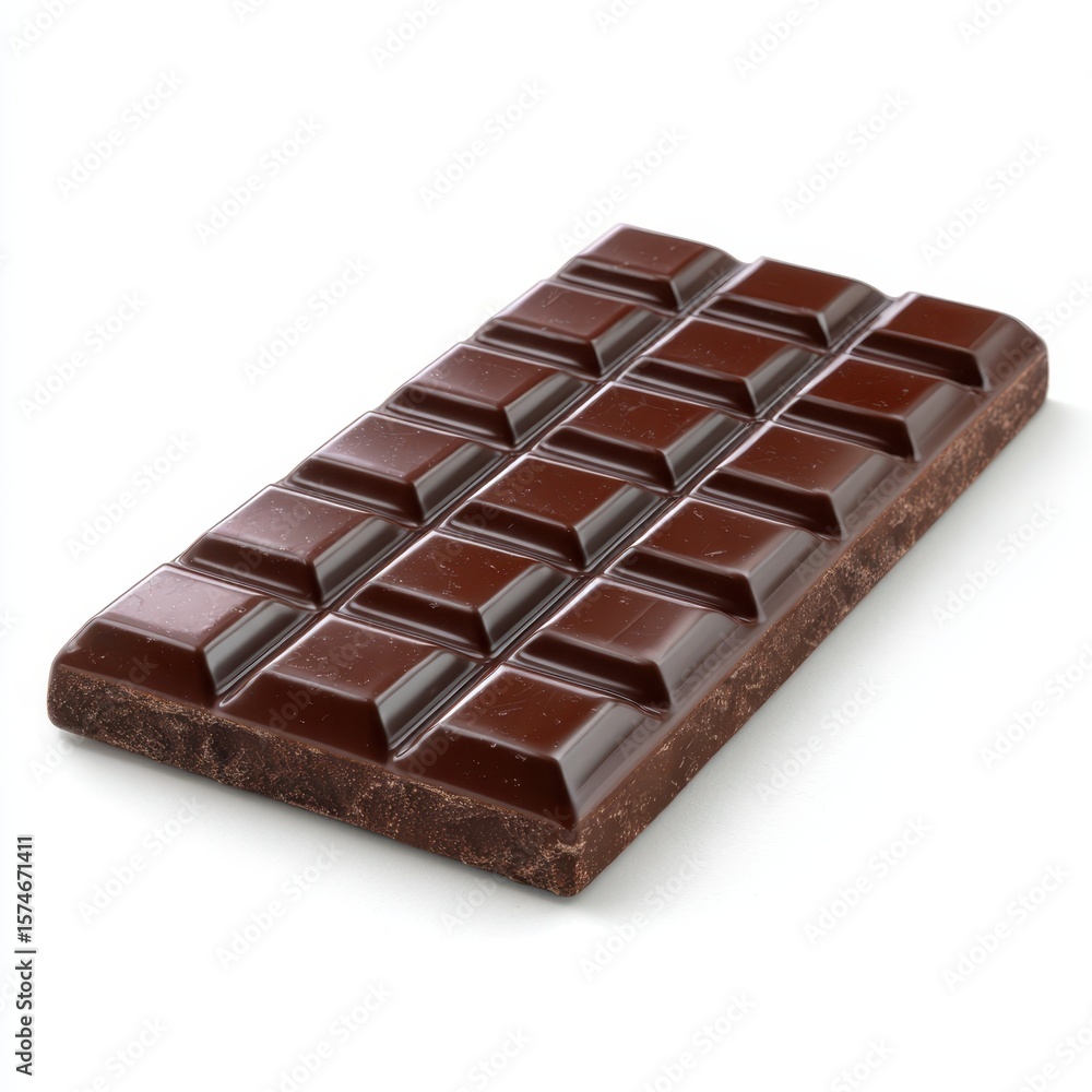 Obraz premium Close up view of a dark chocolate bar with rectangular pieces on white surface