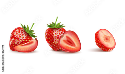 Strawberry fruits set with strawberries of pieces element in the middle on white background. Realistic vector in 3D illustration.