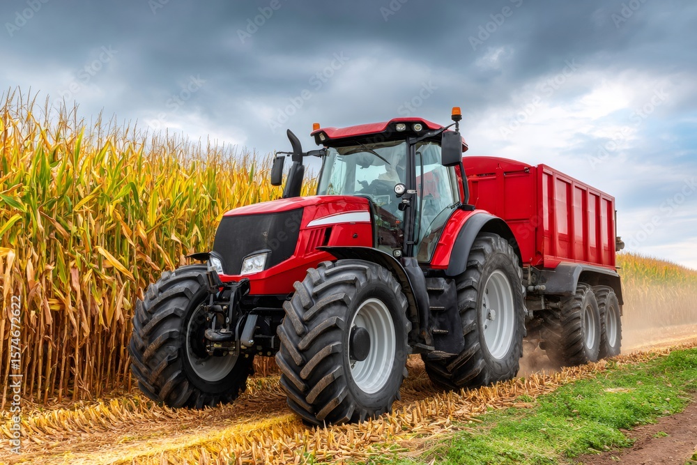 Red tractor harvesting corn in rural field Red tractor harvesting corn in rural field