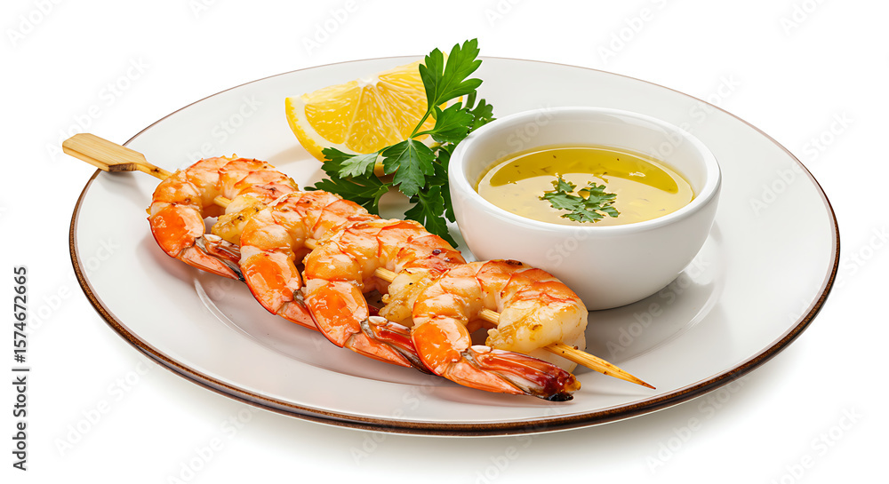 BBQ shrimp skewers with shiny grilled coating, served on a round plate with a small ramekin of garlic butter dipping sauce. Entire composition isolated on a pure white background BBQ shrimp skewers with shiny grilled coating, served on a round plate with a small ramekin of garlic butter dipping sauce. Entire composition isolated on a pure white background