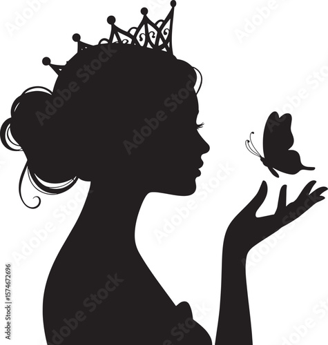 Beautiful Woman Profile Crown Butterfly Princess Queen Vector Silhouette