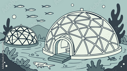 Illustration of underwater habitats with geodesic domes, fish, and aquatic plants in a serene scene
