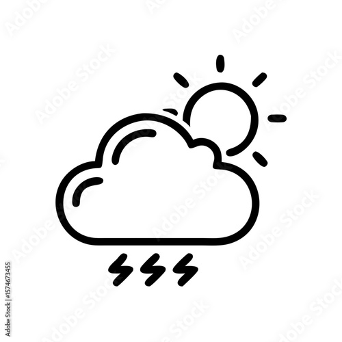 Weather forecast icon showing sun behind cloud with lightning, weather outline vector design